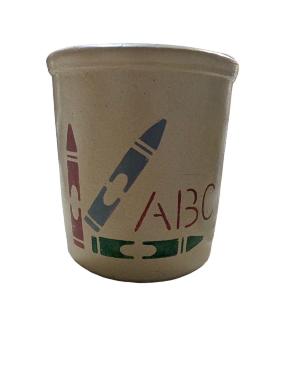 Robinson Ransbottom Ceramic Crayon ABC Crock Beige Red Blue Green 5.25x4.75 in